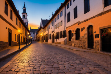 Fototapeta premium cobblestone street in a historic city, with old buildings on each side and the dawn sky in the background. Generative AI