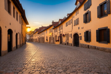 Fototapeta na wymiar cobblestone street in a historic city, with old buildings on each side and the dawn sky in the background. Generative AI