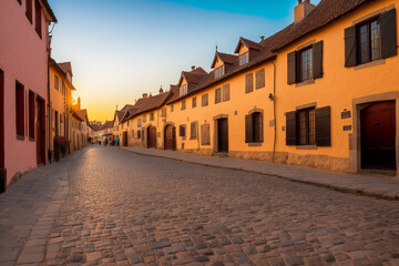 Fototapeta premium cobblestone street in a historic city, with old buildings on each side and the dawn sky in the background. Generative AI