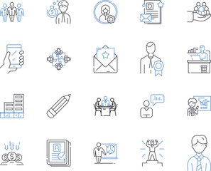 Social media management outline icons collection. Social, Media, Management, Networking, Monitoring, Scheduling, Engagement vector and illustration concept set. Content, Posting, Strategy linear signs