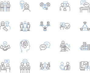Fototapeta premium Virtual meeting outline icons collection. Online, Conferencing, Videoconferencing, Webinar, Teleconferencing, Zoom, Hangout vector and illustration concept set. Collaboration, Gatherings, Webcasting