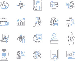 Accounting and documents outline icons collection. Accounting, Documents, Audit, Ledger, Payables, Receivables, Spreadsheet vector and illustration concept set. Tax, Balance, Expense linear signs