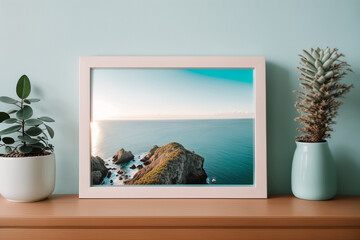 Mockup frame in Coastal interior background. Generative AI