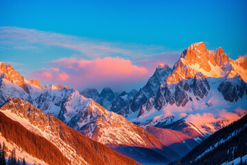 Fototapeta na wymiar Snow-covered mountains at dusk. Generative AI
