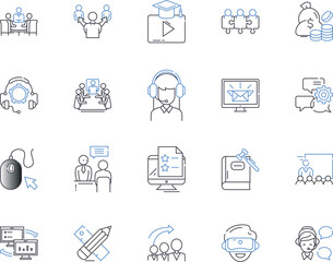 Business community outline icons collection. Business, Community, Network, Entrepreneur, Collabroation, Partners, Clients vector and illustration concept set. Resources, Connections, Alliance linear