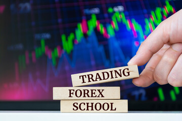 Wooden blocks with words 'Trading Forex School'. Business concept