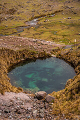 Family on a trekking tour in the wild mountains of the Andes, Ausangate, Vilcanota, Peru, South America