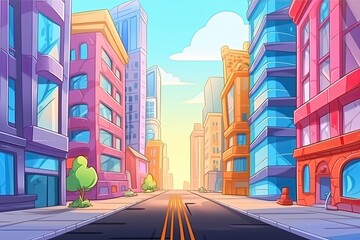 Naklejka premium bustling city street with colorful buildings and characters. Generative AI