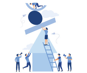  a group of people collect abstract geometric elements forming a pyramid,  financial pyramid or marketing pyramid, flat vector modern illustration