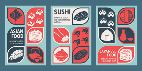 Make a bold statement with our retro-style vector illustrator sushi posters. Perfect for trendy sushi bars and restaurants promotion, advertising and media marketing banner, flyer, menu, logo, icon.
