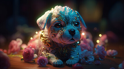 Dog illustration with flower. Generative AI.