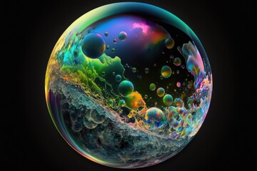 Obraz na płótnie Canvas A psychedelic planet in an abstract, multicolored virtual reality environment. Closeup An extraterrestrial planet themed soap bubble against a dark background. Generative AI