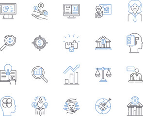 microfinance outline icons collection. Microfinance, Banking, Credit, Loans, Savings, Entrepreneurship, Cooperative vector and illustration concept set. Investment, Poverty, Women linear signs
