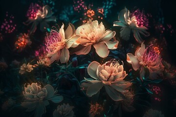 Obraz na płótnie Canvas Fantasy luminous flowers at night, beautiful floral background, generative AI