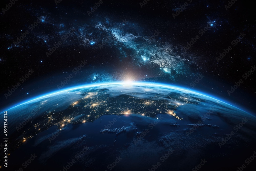 Poster blue planet earth with continents and an open ocean against a backdrop of stars. generative ai