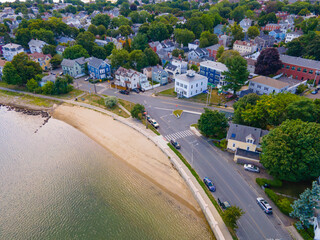 Collins Cove Beach aerial view in Salem Neck in historic city center of Salem, Massachusetts MA,...