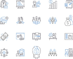 Accounting and finance outline icons collection. Accounting, Finance, Bookkeeping, Auditing, Taxation, Budgeting, CPA vector and illustration concept set. GAAP, Assets, Liabilities linear signs