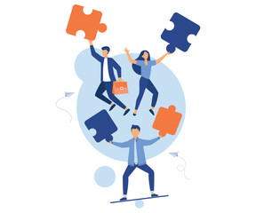 Business concept, people are juggling puzzle elements, Symbol of teamwork, cooperation, partnership, flat vector modern illustration