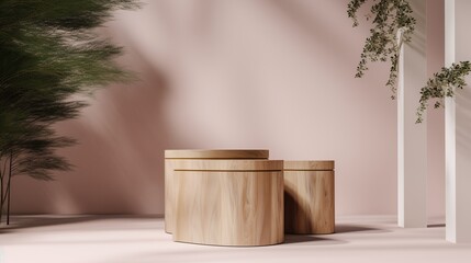Fototapeta na wymiar Wooden podium for product presentation in modern interior,Natural minimalis luxury podium.Generative Ai
