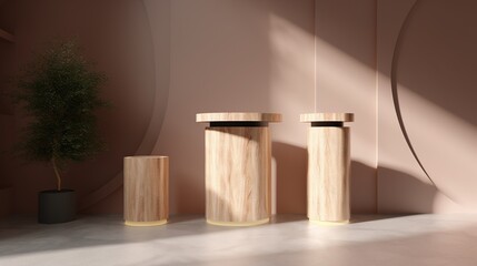 Fototapeta na wymiar Wooden podium for product presentation in modern interior,Natural minimalis luxury podium.Generative Ai
