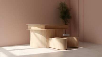 Wooden podium for product presentation in modern interior,Natural minimalis luxury podium.Generative Ai