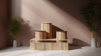 Wooden podium for product presentation in modern interior,Natural minimalis luxury podium.Generative Ai