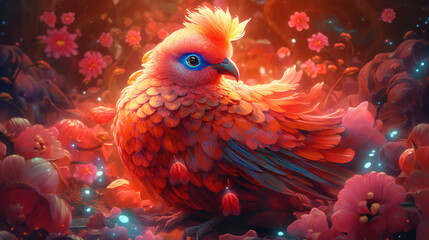 Obraz premium Phoenix illustration with flower. Generative AI.