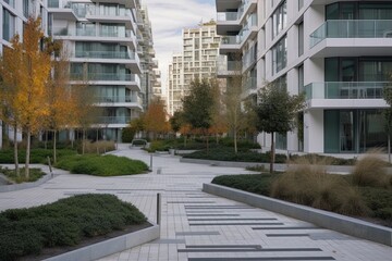Fototapeta na wymiar Modern apartment buildings in a populated area with vegetation. Generative AI