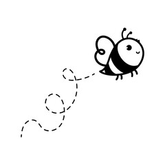 cartoon cute little bee flying on the dotted line to find sweet honey