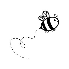 cartoon cute little bee flying on the dotted line to find sweet honey