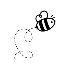 cartoon cute little bee flying on the dotted line to find sweet honey