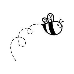 cartoon cute little bee flying on the dotted line to find sweet honey
