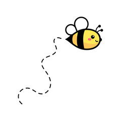cartoon cute little bee flying on the dotted line to find sweet honey