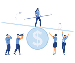 groups of people on a swing on a big coin, balance, cost, power and comparison, flat vector modern illustration