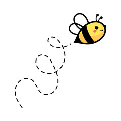 cartoon cute little bee flying on the dotted line to find sweet honey