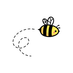 Obraz premium cartoon cute little bee flying on the dotted line to find sweet honey