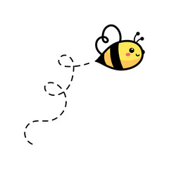 cartoon cute little bee flying on the dotted line to find sweet honey