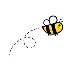 cartoon cute little bee flying on the dotted line to find sweet honey