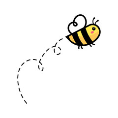 cartoon cute little bee flying on the dotted line to find sweet honey