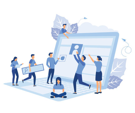 A team of people is developing a website by filling it with functions, evelopment of websites and mobile sites, SEO, mobile applications, business solutions, flat vector modern illustration