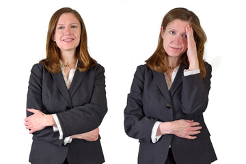 Stress & Depression Concept with a Business Woman Smiling and Stressed on a White Background