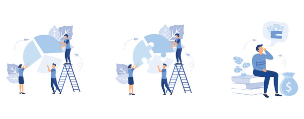 Concept of financial management, people as puzzles collect infographics, statistics and business report, financial problems, presses office worker with a headache, set flat vector modern illustration