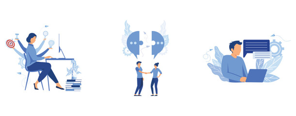 virtual business assistant, multifunctional worker, businessmen discuss social networks,  customer service,  online global technical support 24/7, set flat vector modern illustration