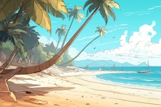 Tropical Beach with Palm Trees in the Background. Generative AI