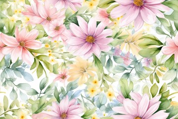 Obraz na płótnie Canvas Illustration with a seamless watercolor border with vibrant pink flowers and green foliage for invitations, stationery, greeting cards, wallpapers, clothing, backdrops, and DIY wrappers. Generative AI