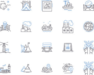 Landscapes and gardens outline icons collection. Landscapes, Gardens, Flora, Fauna, Trees, Greenery, Plants vector and illustration concept set. Turf, Trails, Bushes linear signs