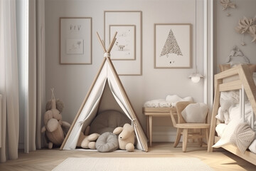 mockup frame in a farmhouse inspired children's room with natural wooden elements, Generative AI