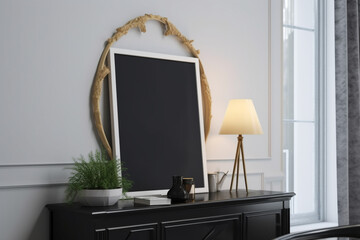 Fototapeta premium White background Poster frame mockup in a stylish home interior, Generative AI