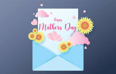 Envelopes and Mother's Day greeting cards. Mail send messages. Decorate with paper hearts and clouds. Spring flowers. festive illustration vector