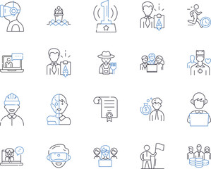 Job and management outline icons collection. Job, Management, Recruitment, Employment, Leadership, Opportunity, Hiring vector and illustration concept set. Position, Promotion, Termination linear